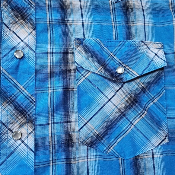 Wrangler Men's Pearl Snap Western Shirt Short Sleeve Blue Plaid Sz XL - Picture 4 of 4